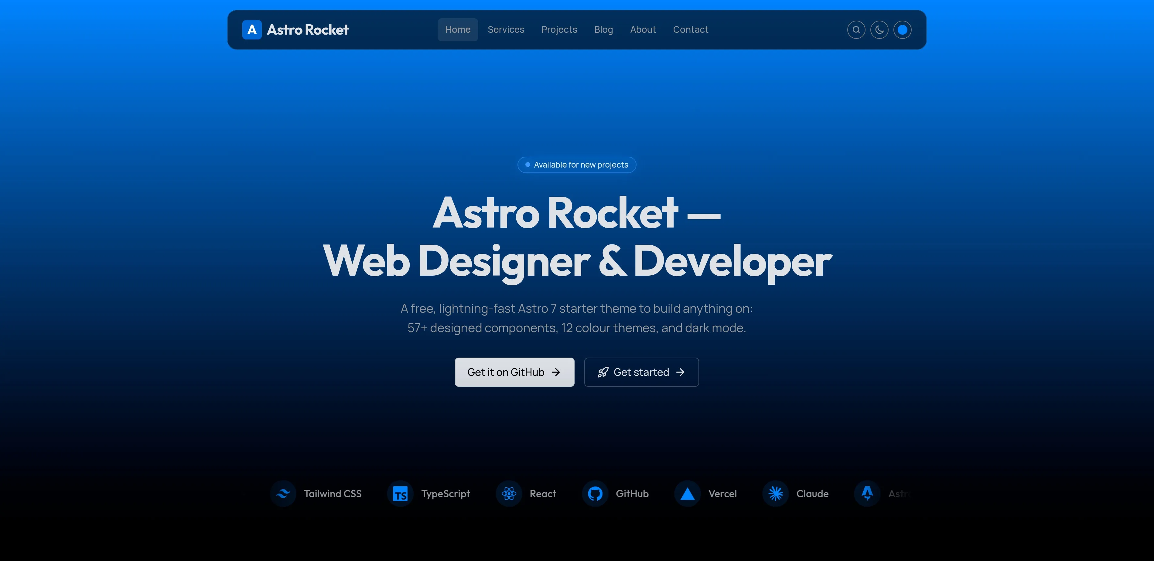 Astro Rocket — my open-source Astro 7 theme, shown on its astrorocket.dev demo.
